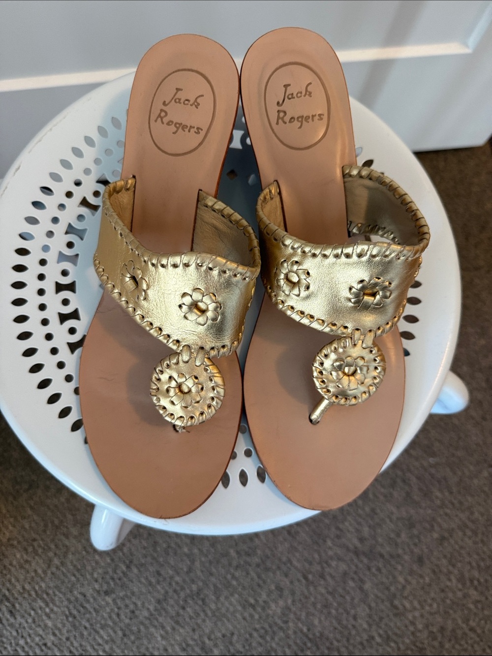 Jack Rogers Metallic Gold Leather Thong Wedge Sandals